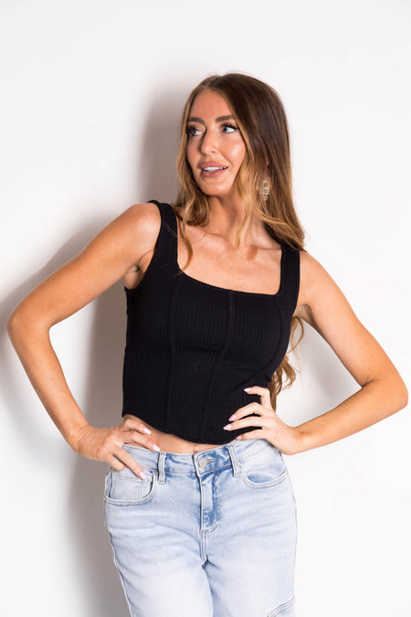 Black Square Neck Ribbed Corset Tank Top