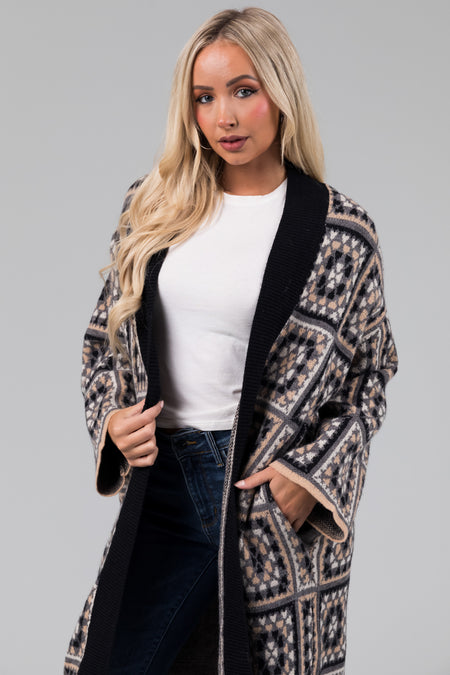 Black Square Pattern Long Open Cardigan