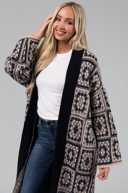 Black Square Pattern Long Open Cardigan