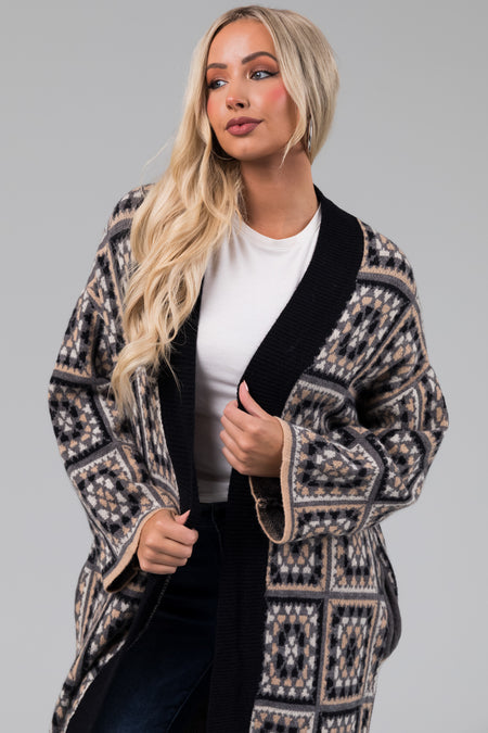 Black Square Pattern Long Open Cardigan