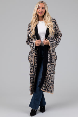 Black Square Pattern Long Open Cardigan