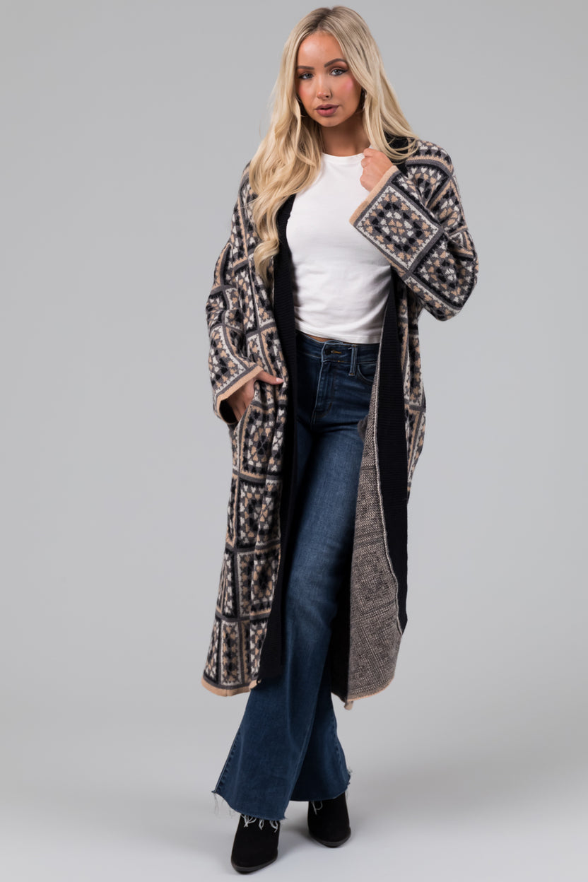 Black Square Pattern Long Open Cardigan