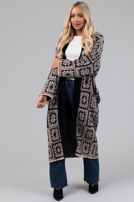 Black Square Pattern Long Open Cardigan