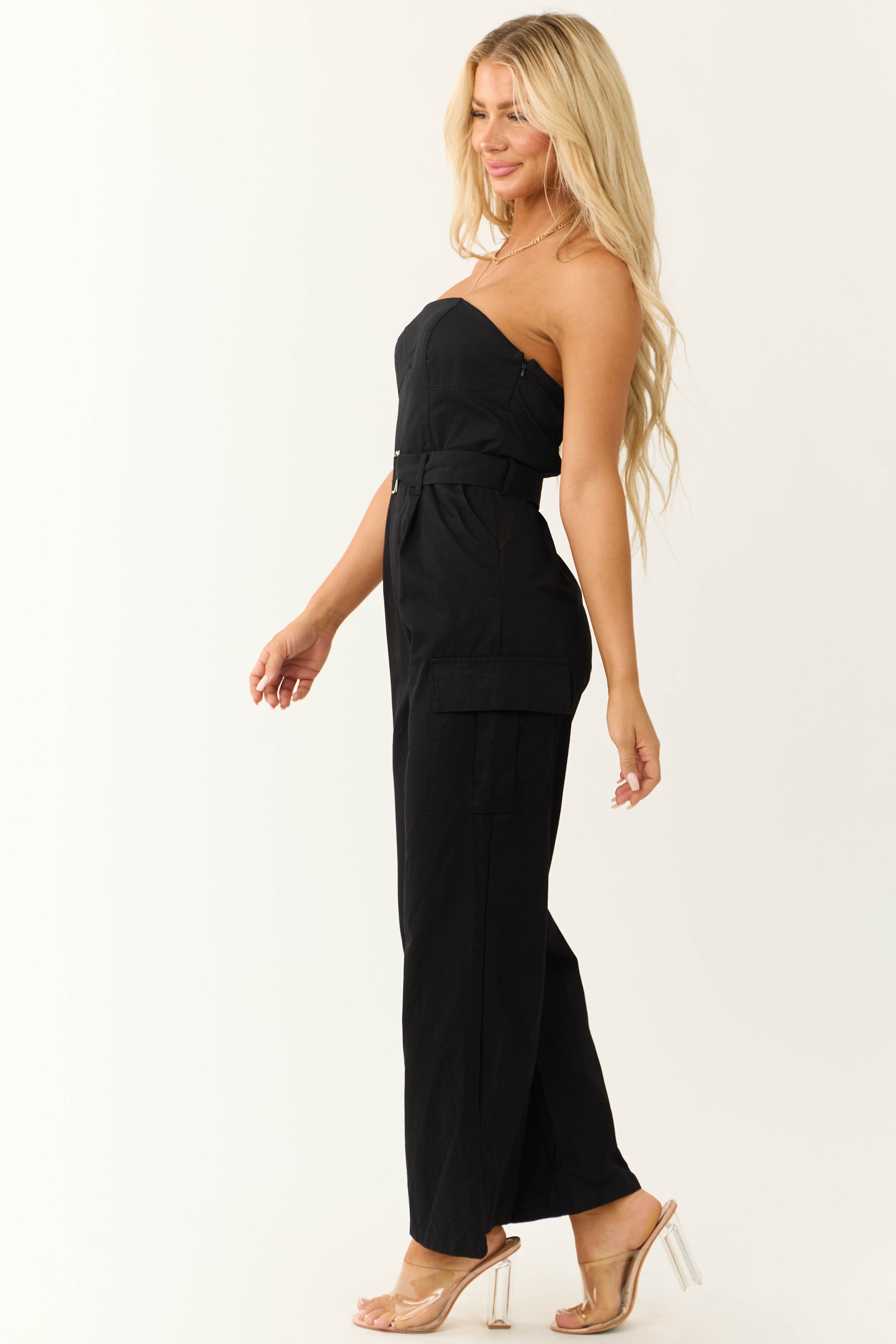 Black Strapless Belt Detail Cargo Jumpsuit