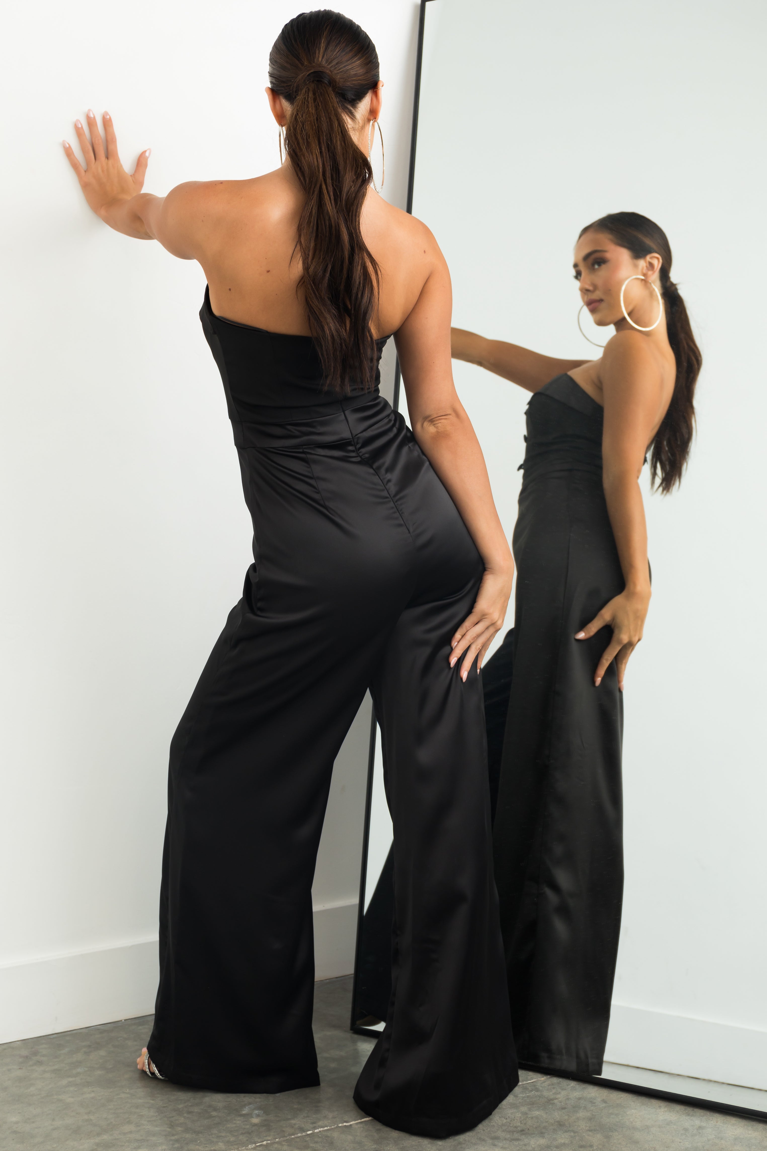 Black Strapless Button Bodice Satin Jumpsuit