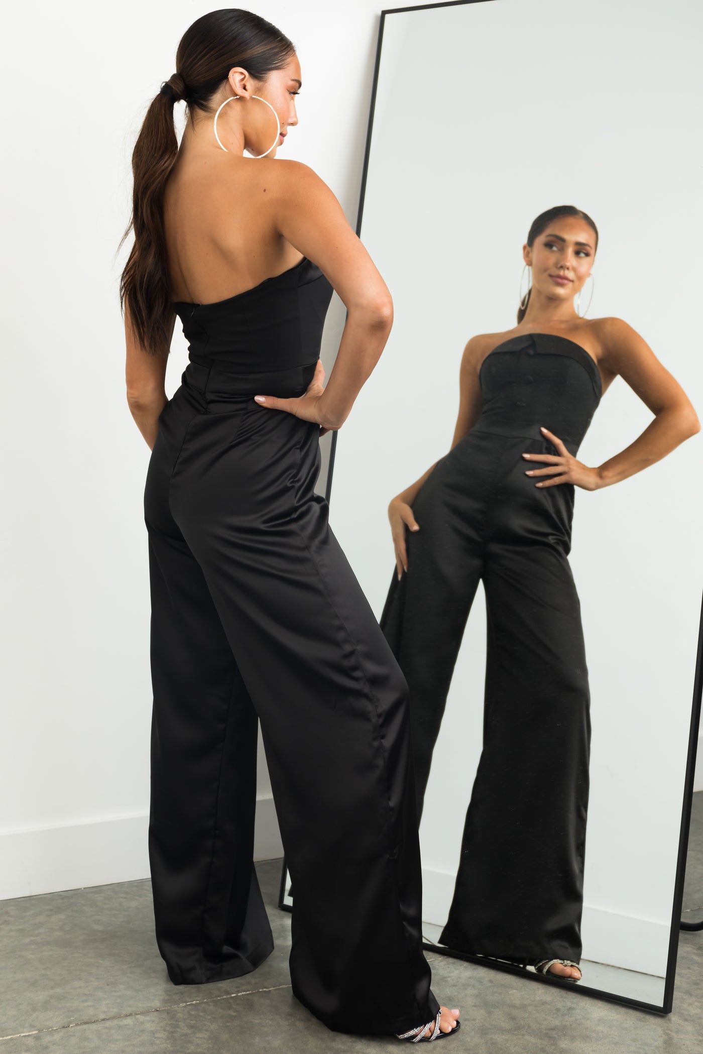 Black Strapless Button Bodice Satin Jumpsuit