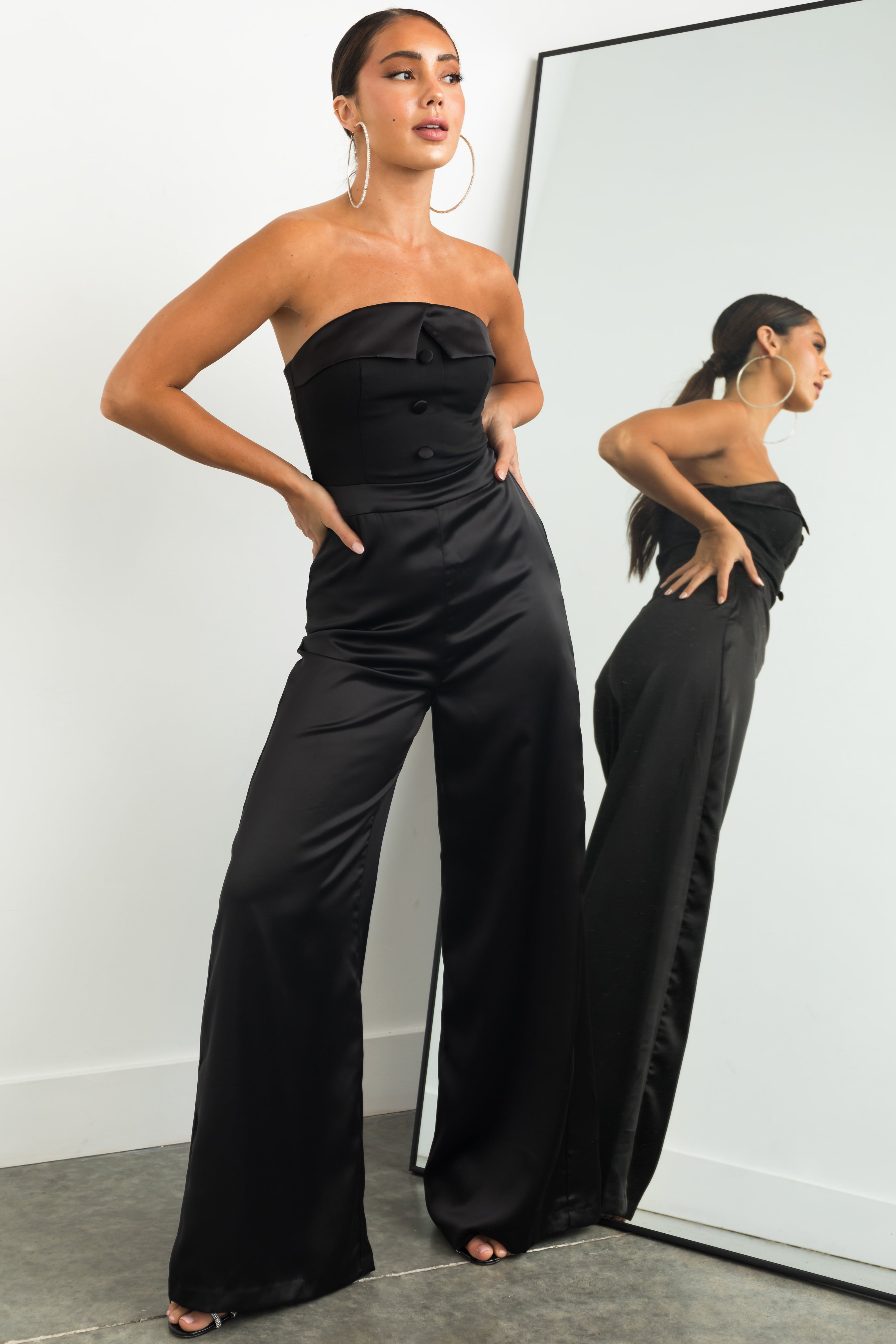 Black Strapless Button Bodice Satin Jumpsuit