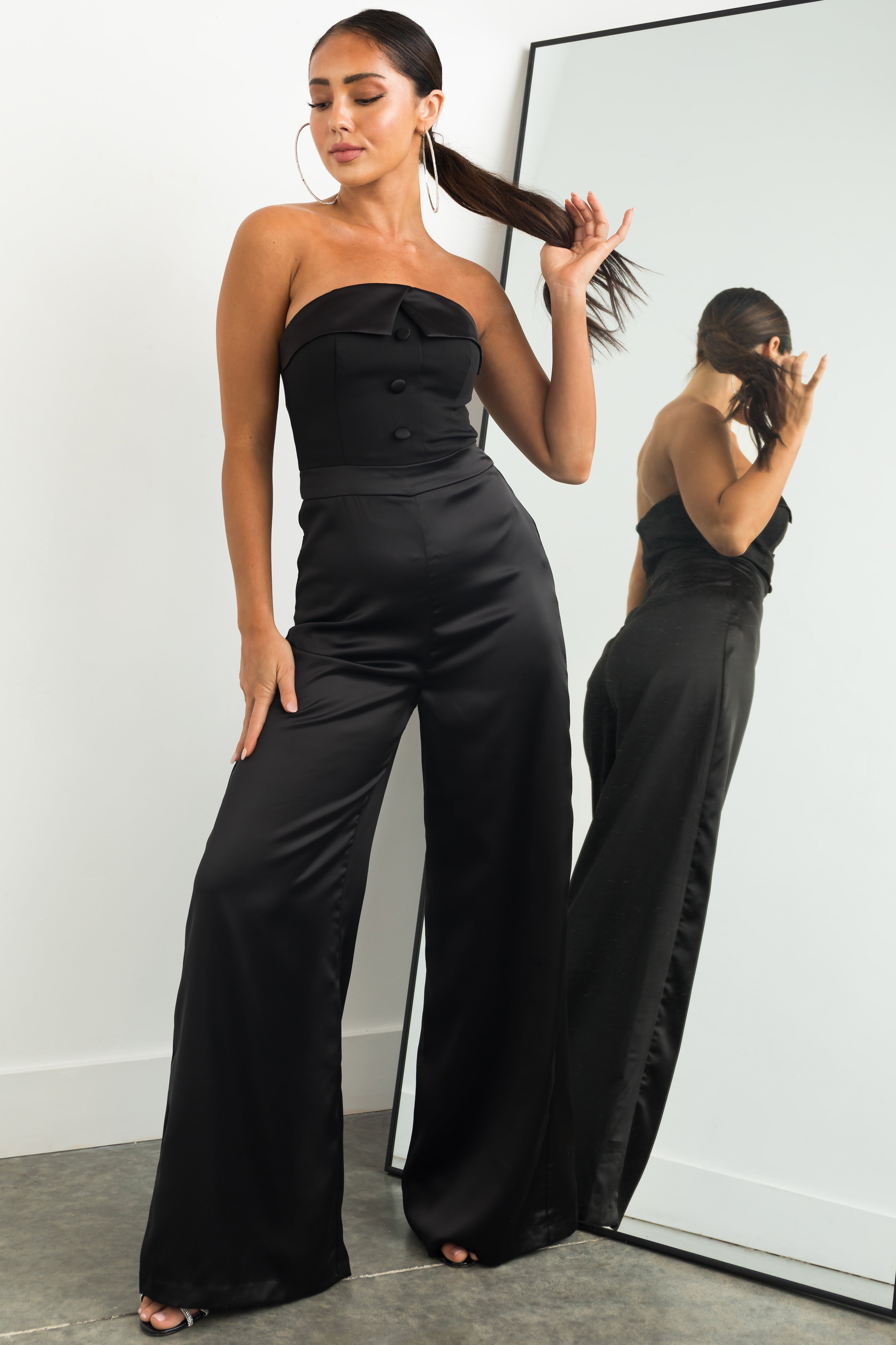 Black Strapless Button Bodice Satin Jumpsuit