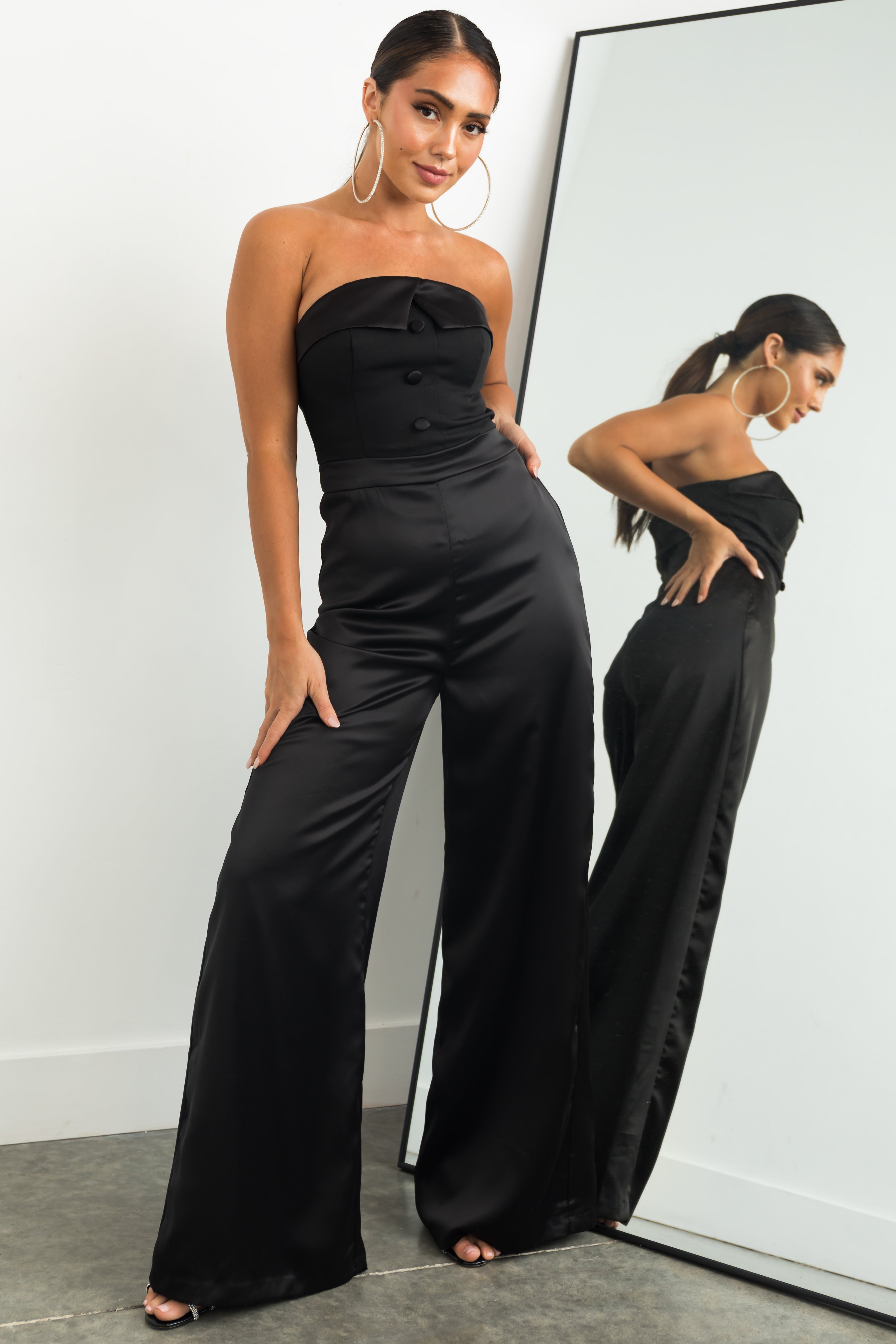 Black Strapless Button Bodice Satin Jumpsuit