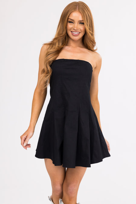 Black Strapless Flared Skirt Mini Dress