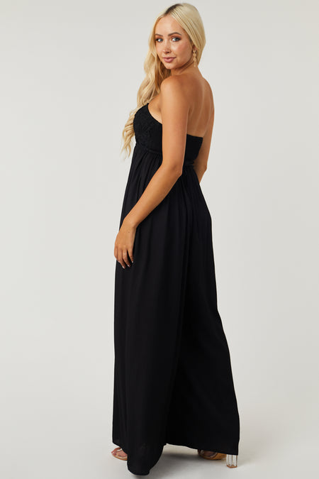 Black Strapless Lace Flowy Wide Leg Jumpsuit