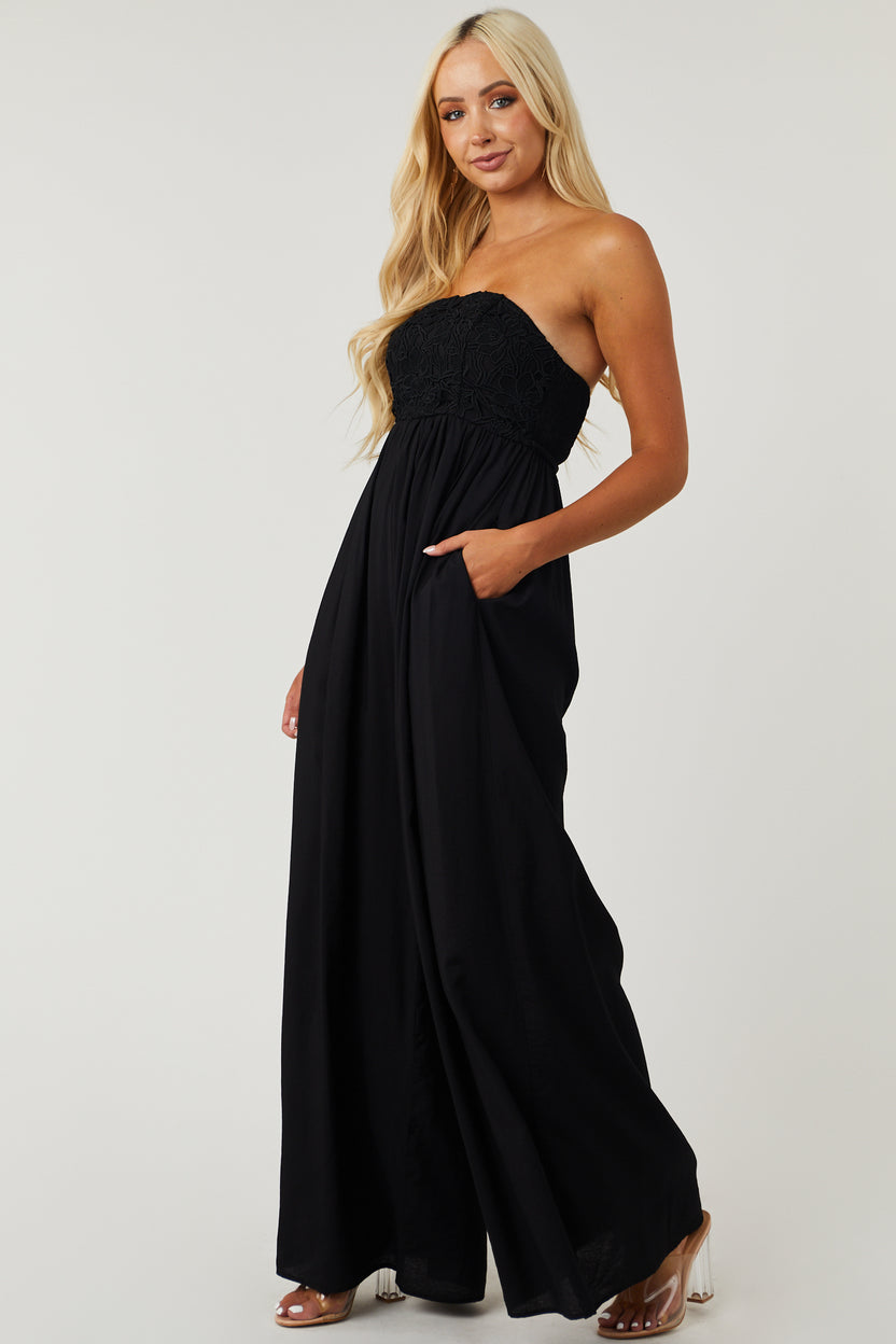 Black Strapless Lace Flowy Wide Leg Jumpsuit