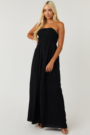 Black Strapless Lace Flowy Wide Leg Jumpsuit