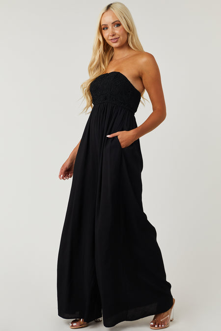 Black Strapless Lace Flowy Wide Leg Jumpsuit