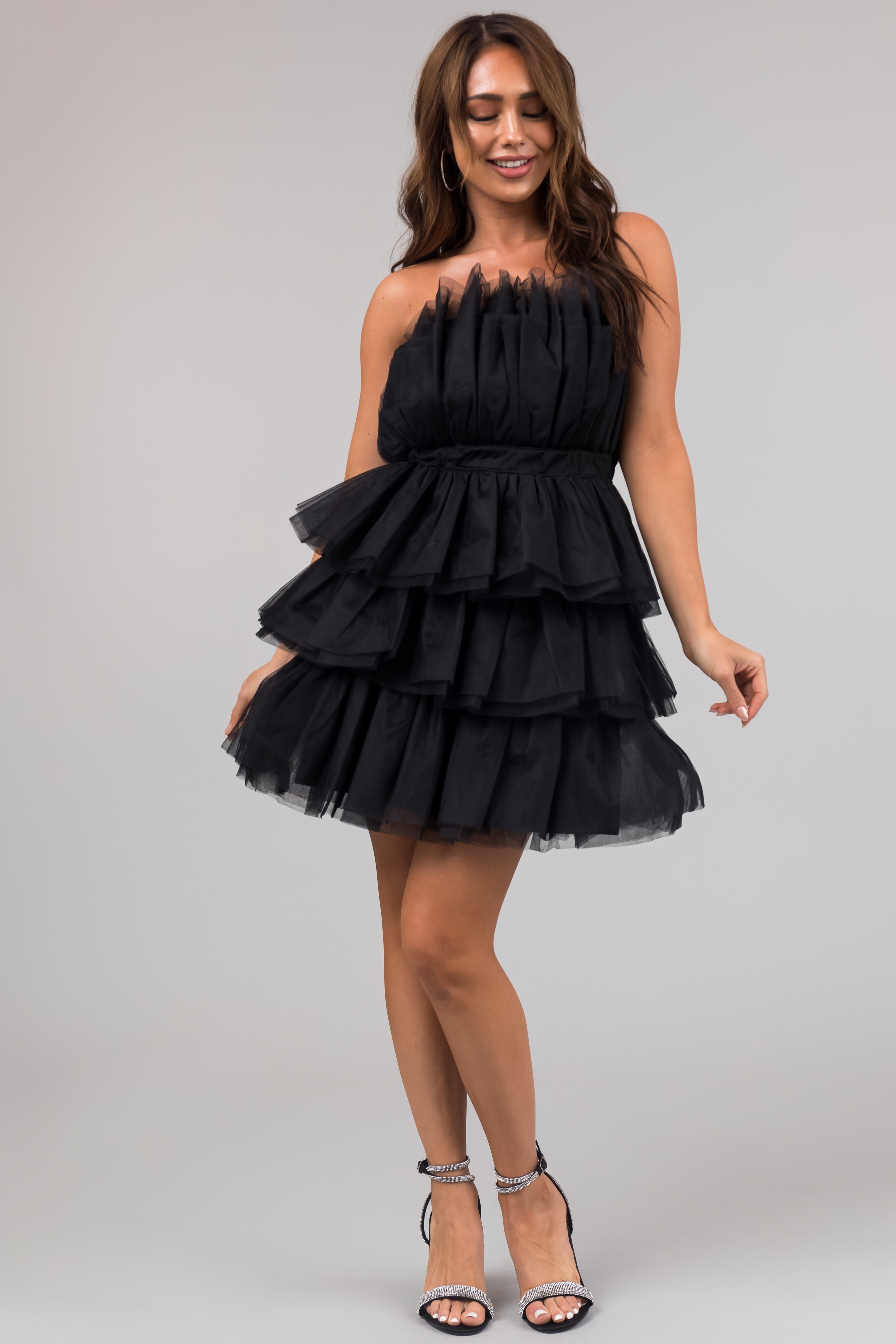 Black Strapless Tulle Tiered Mini Dress