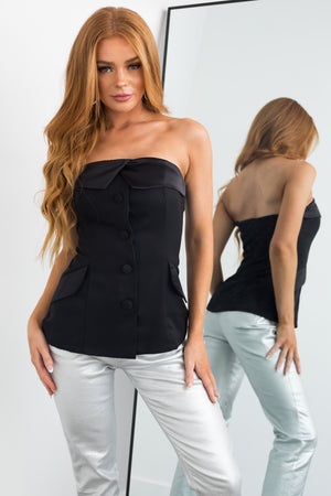 Black Strapless Tuxedo Woven Top