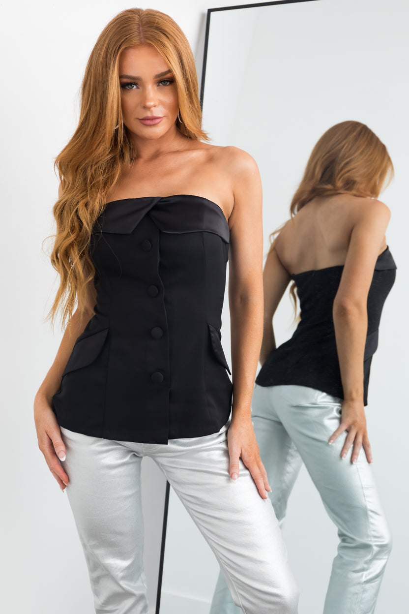 Black Strapless Tuxedo Woven Top