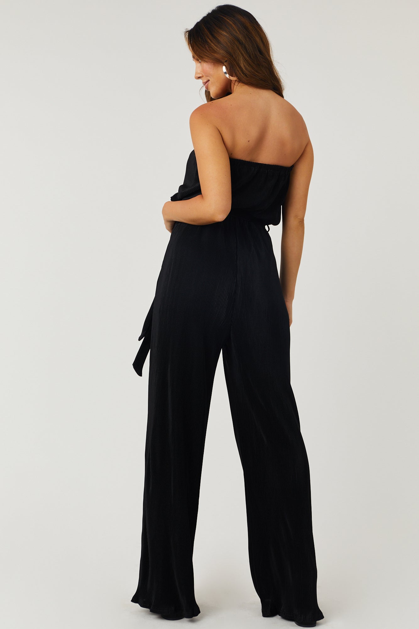 Black Strapless Wide Leg Plisse Jumpsuit