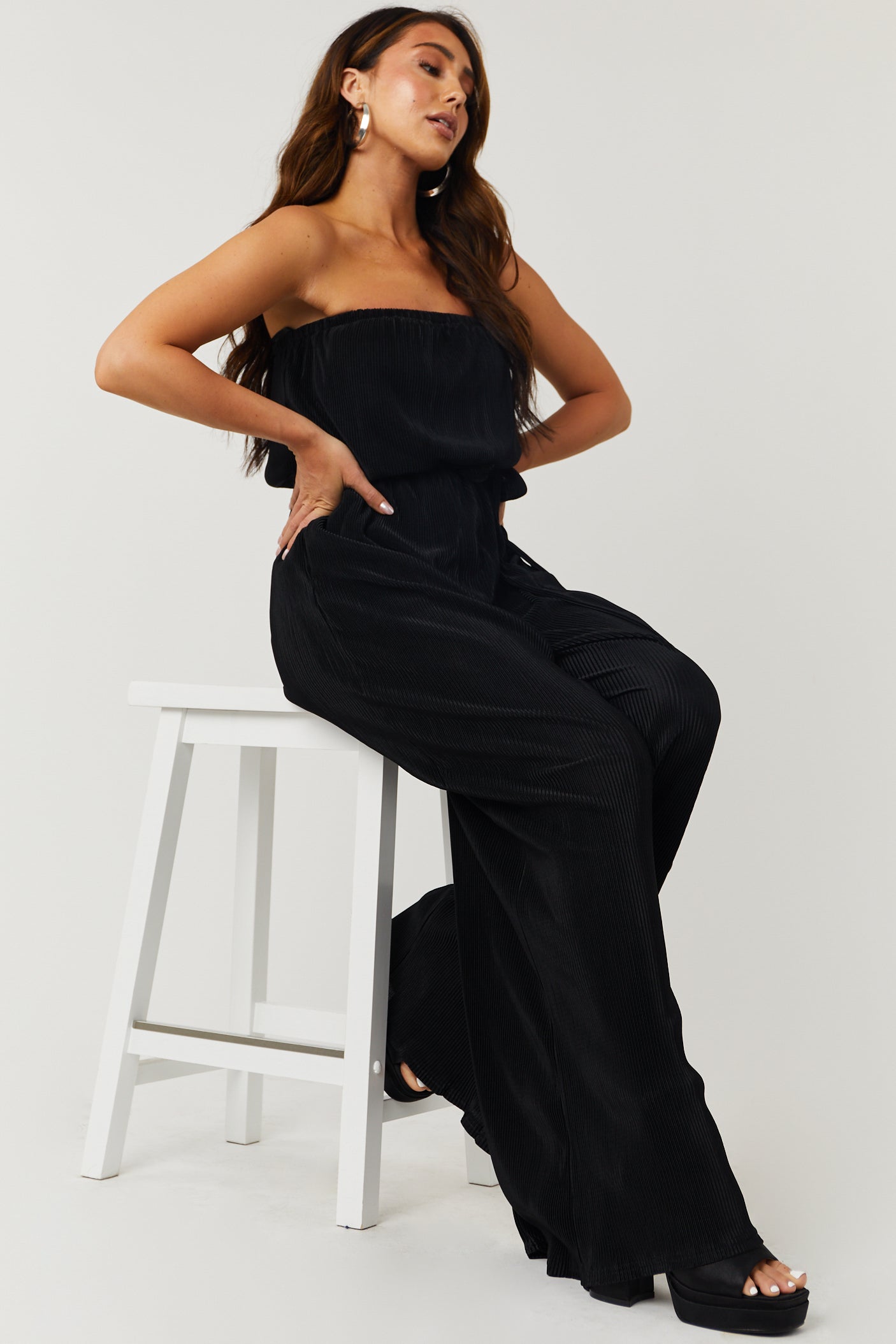 Black Strapless Wide Leg Plisse Jumpsuit