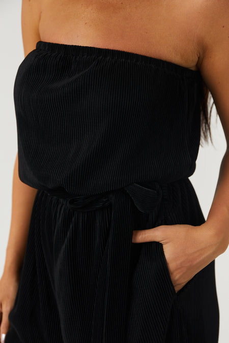 Black Strapless Wide Leg Plisse Jumpsuit