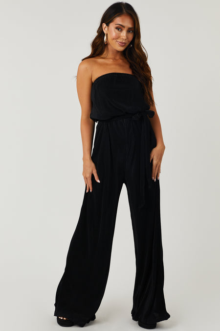 Black Strapless Wide Leg Plisse Jumpsuit