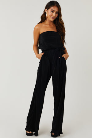 Black Strapless Wide Leg Plisse Jumpsuit