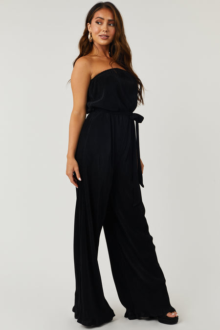 Black Strapless Wide Leg Plisse Jumpsuit