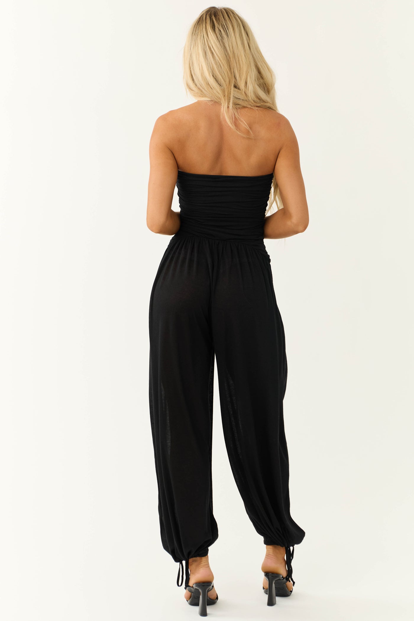 Black Strapless Wide Leg Ruched Jumpsuit