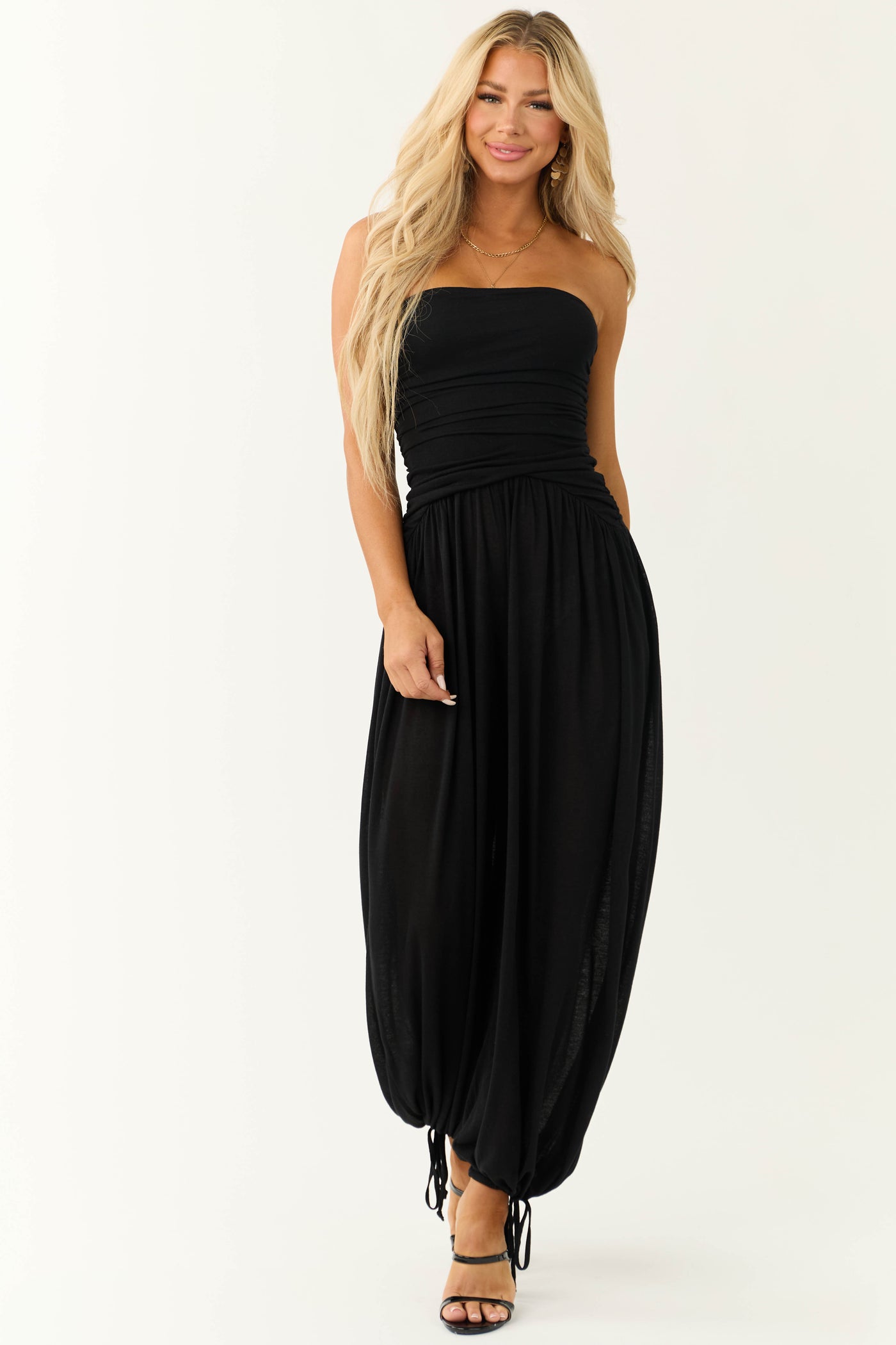 Black Strapless Wide Leg Ruched Jumpsuit