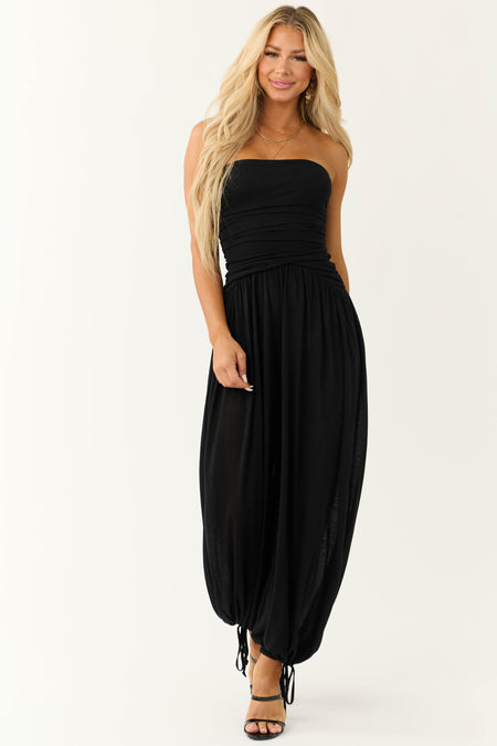 Black Strapless Wide Leg Ruched Jumpsuit