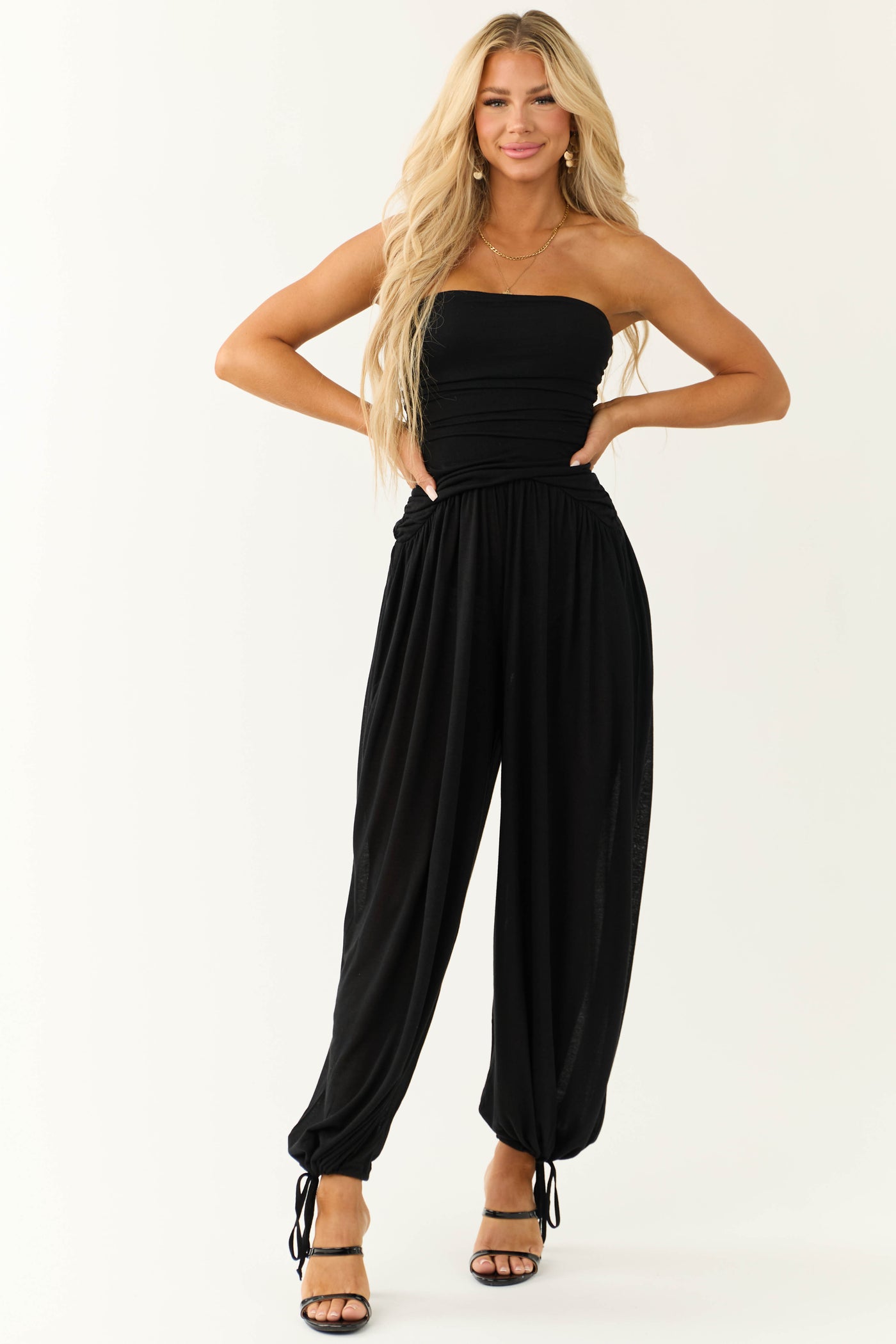 Black Strapless Wide Leg Ruched Jumpsuit