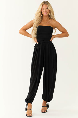 Black Strapless Wide Leg Ruched Jumpsuit