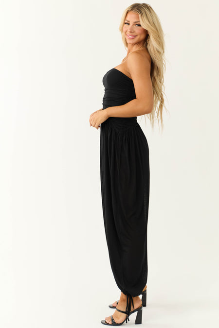 Black Strapless Wide Leg Ruched Jumpsuit