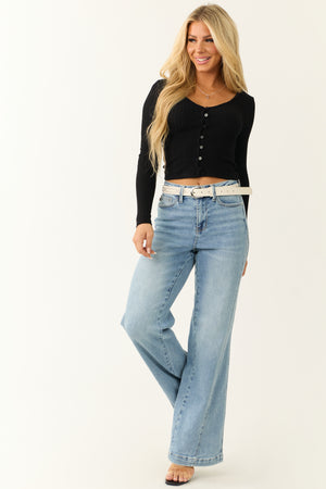 Black Stretchy Knit Fitted Button Down Top