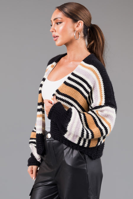 Black Striped Chunky Cropped Cardigan