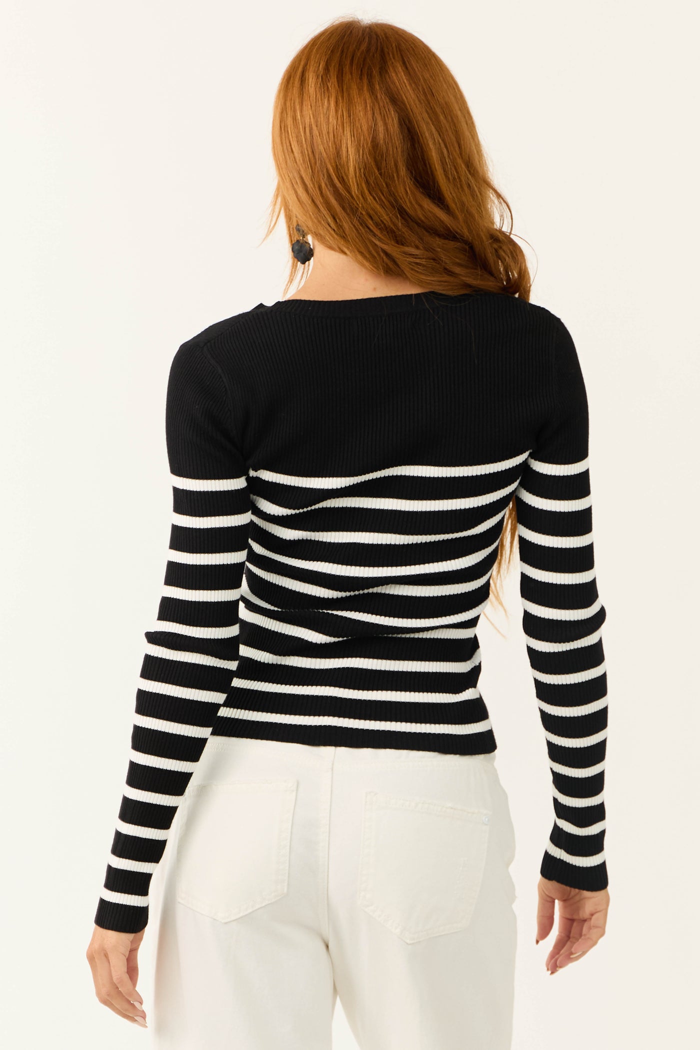 Black Striped Long Sleeve Ribbed Knit Top