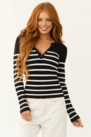 Black Striped Long Sleeve Ribbed Knit Top