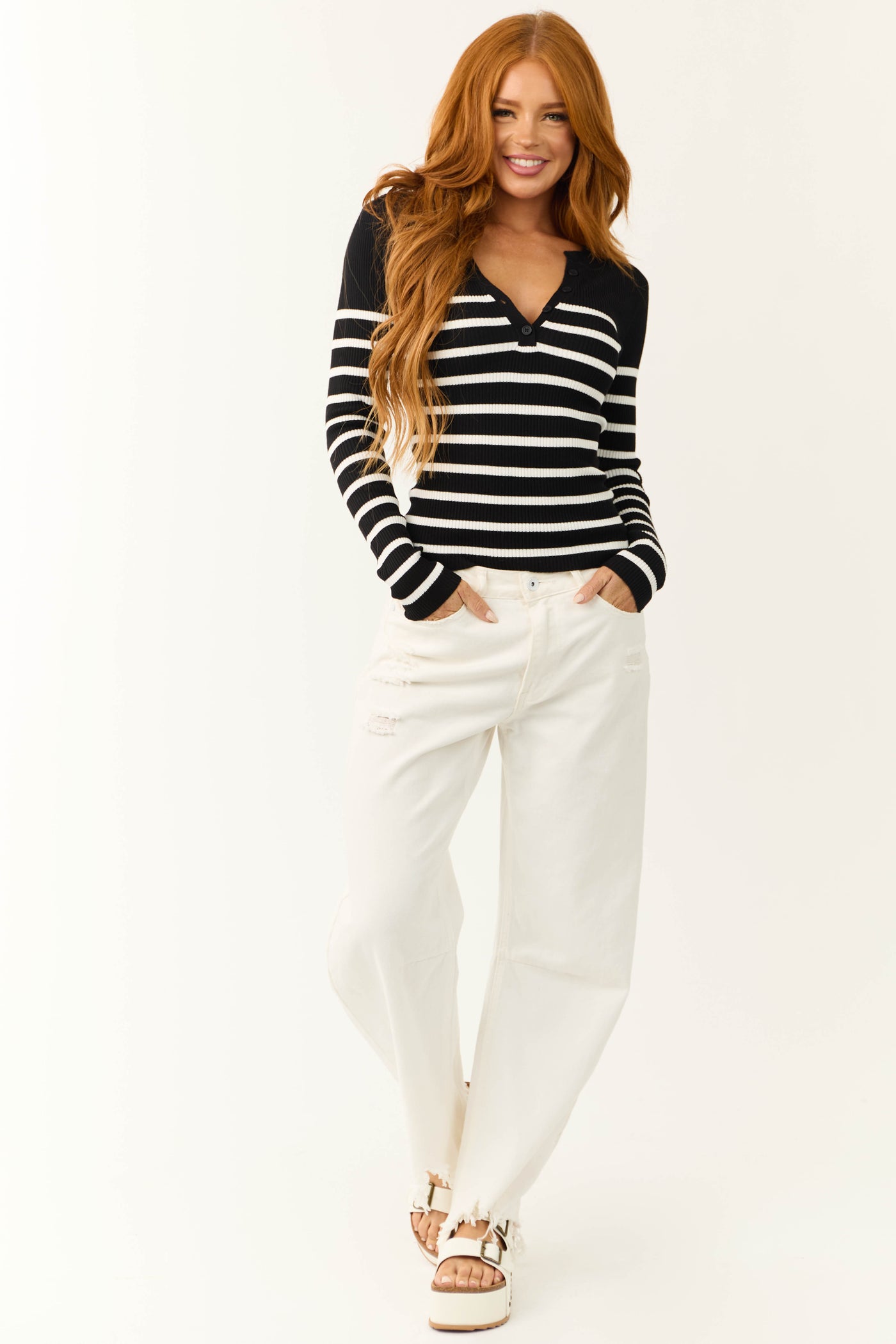 Black Striped Long Sleeve Ribbed Knit Top