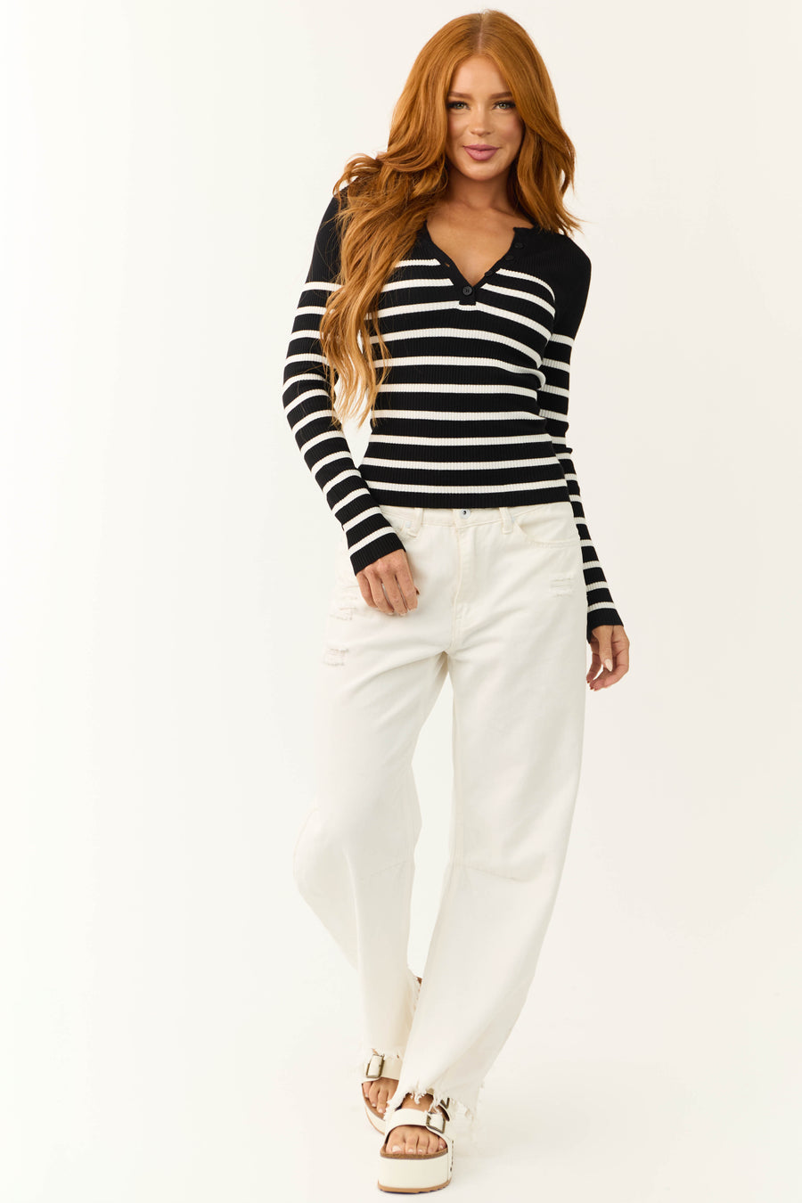 Black Striped Long Sleeve Ribbed Knit Top