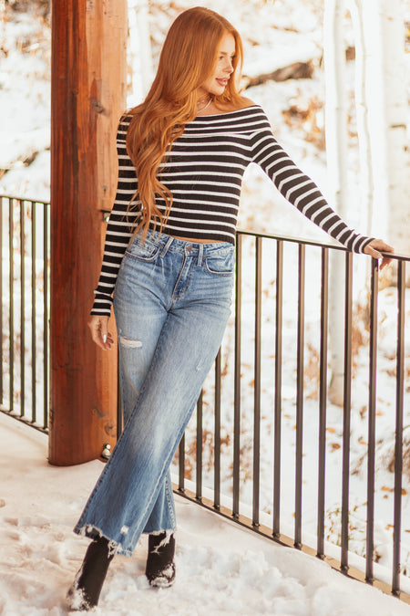 Black Striped Print Fitted Off Shoulder Knit Top