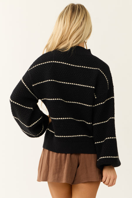 Black Striped Textured Knit Chunky Sweater