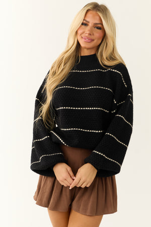 Black Striped Textured Knit Chunky Sweater