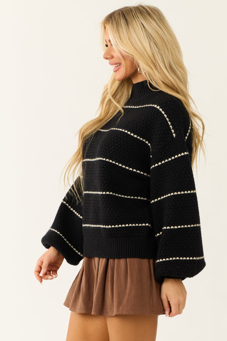 Black Striped Textured Knit Chunky Sweater