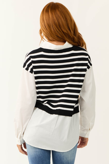 Black Striped Vest Layered Long Sleeve Blouse