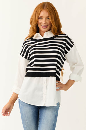 Black Striped Vest Layered Long Sleeve Blouse