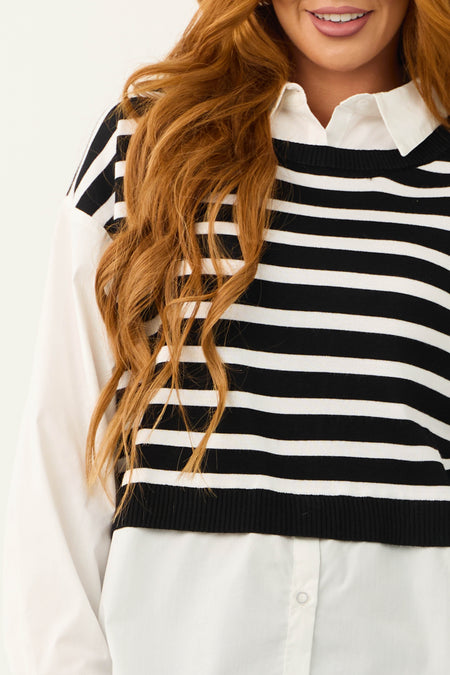 Black Striped Vest Layered Long Sleeve Blouse