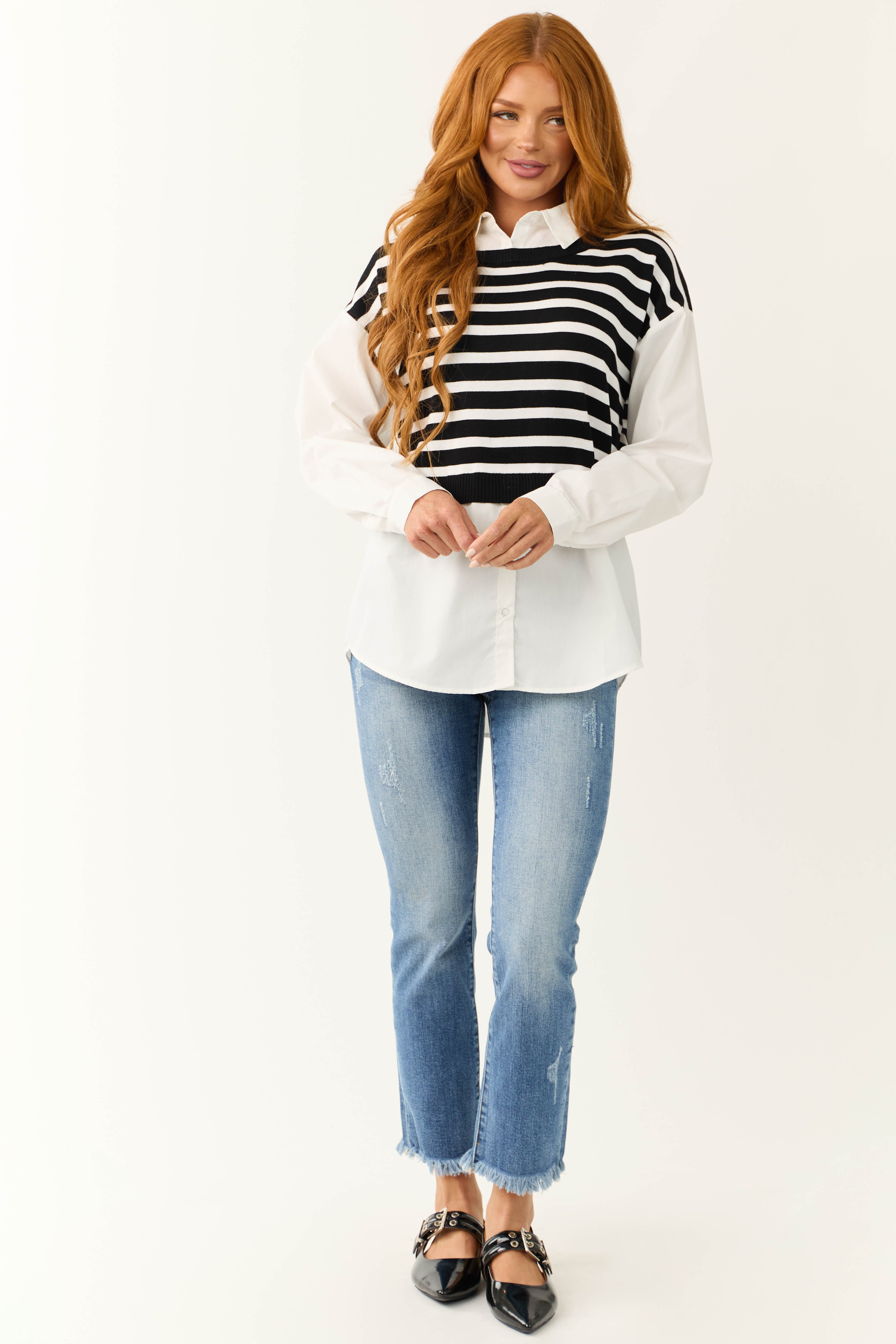 Black Striped Vest Layered Long Sleeve Blouse