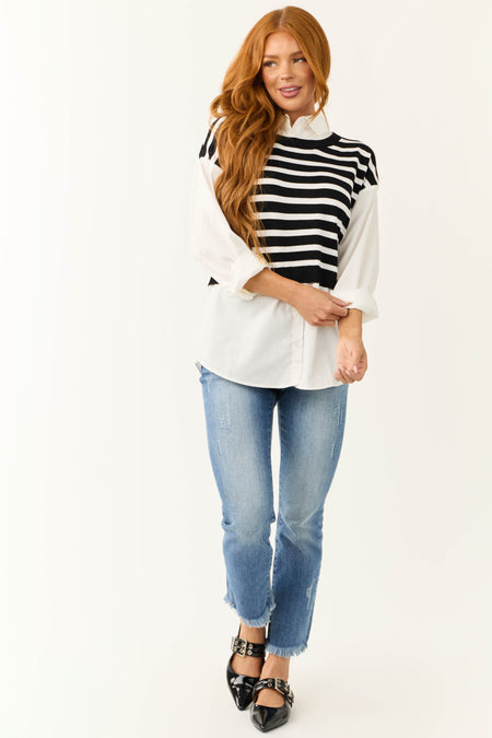 Black Striped Vest Layered Long Sleeve Blouse