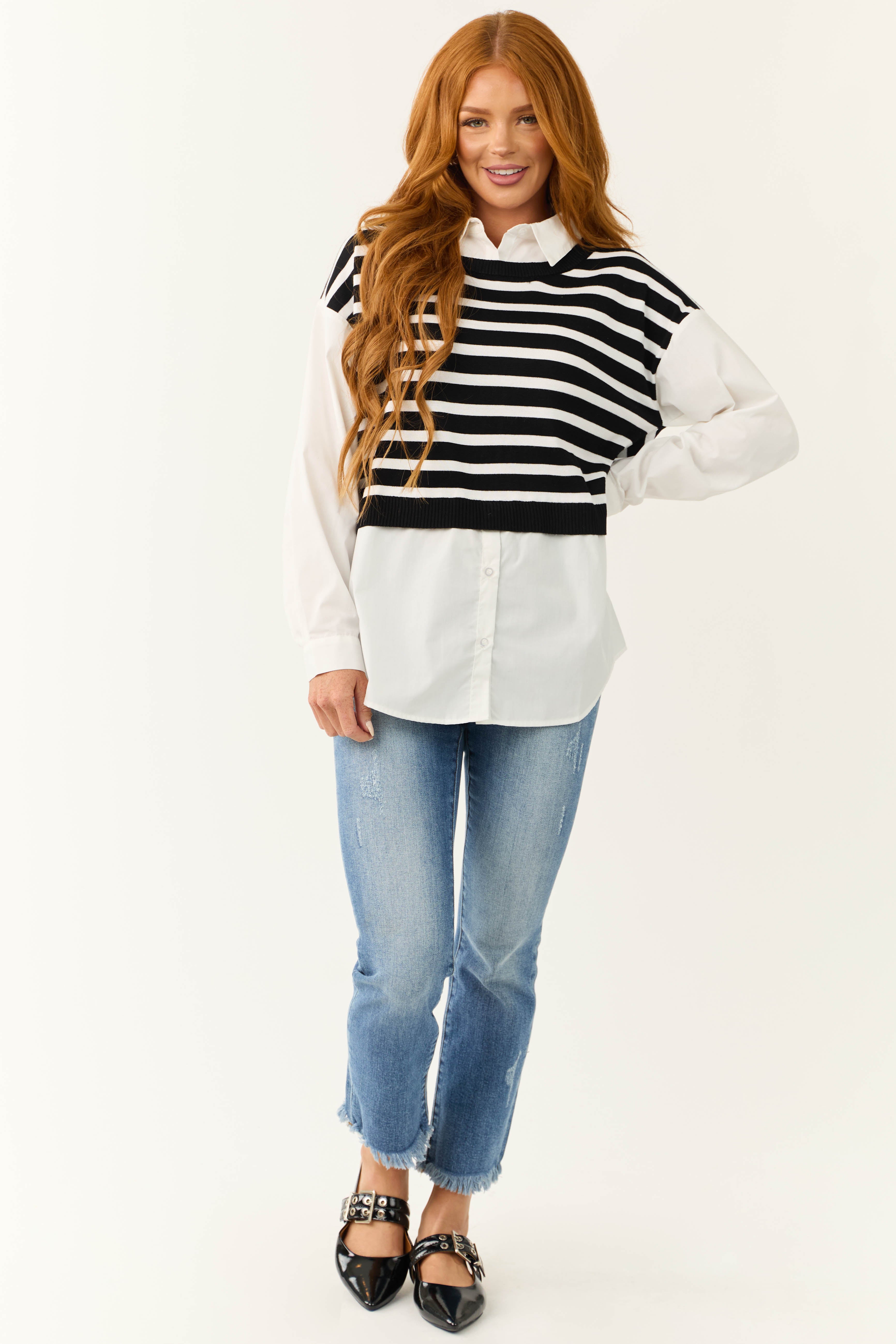 Black Striped Vest Layered Long Sleeve Blouse