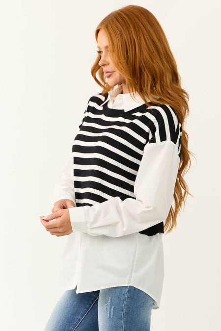 Black Striped Vest Layered Long Sleeve Blouse